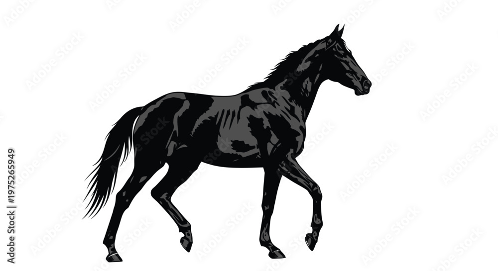 Fototapeta premium Majestic black horse walking gracefully rendered as a vector graphic