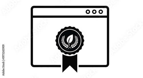 Minimalist vector graphic illustration of a website browser window displaying a professional organic leaf certification badge symbol for eco friendly business branding and green web design