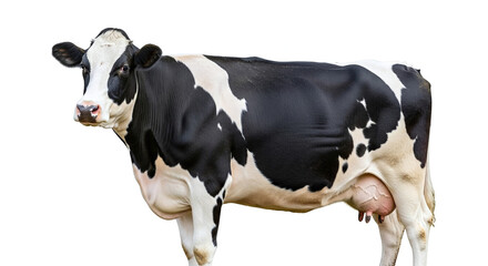 Black and white holstein friesian cow standing in a studio setting with a white background dairy cow animal photography full body domestic animal farm animal cow portrait animal industry