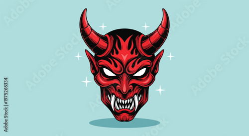Scary Red Devil Mask with Horns and Sharp Teeth.