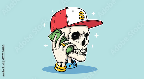 Skeleton Wearing a Cap Talking on a Phone with Money.