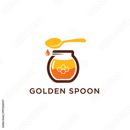 Golden Spoon Honey Jar Logo Design with Dripping Honey and Honeycomb Pattern.