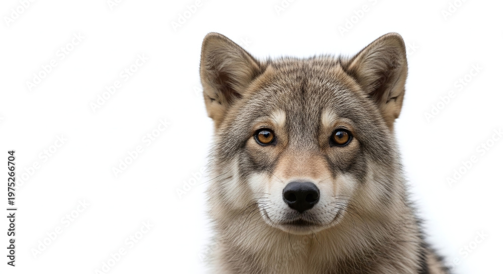 Fototapeta premium Wolf face with detailed fur and brown eyes white background pack animal gray wolf arctic wolf timber wolf dog family wild dog animal kingdom no people wildlife portrait studio shot