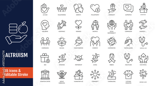Altruism icon set. Icons related to charity, help, empathy, goodwill, caring, generosity, kindness, benevolence and more. Vector illustration