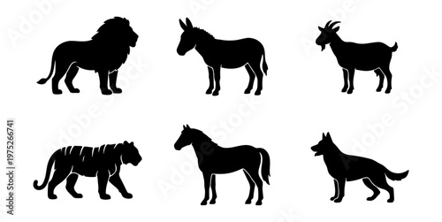 Foto Black animal silhouettes set of 6 vector icons, wild and domestic animal shapes