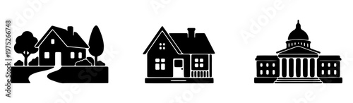 Minimalist house and government building icons, black silhouette home and capitol vector set, residential and public architecture symbols