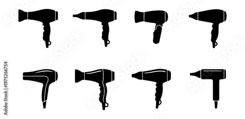Professional hair dryer silhouette icons, set of 8 black blow dryer vector elements, barber shop and hair salon equipment symbols for beauty branding