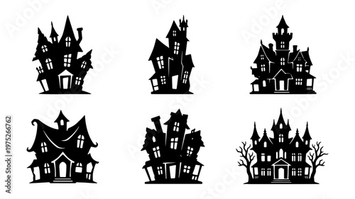 Spooky haunted house silhouettes, set of 6 creepy mansion icons, black gothic castle vector elements for Halloween party invitations and decor