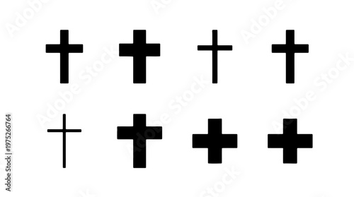 Christian cross icon set with 8 black vector symbols, religious crucifix silhouettes in various weights, church and faith graphic elements