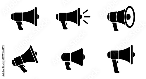 Megaphone icon set with 6 black vector silhouettes, bullhorn symbols for marketing and communication, loud speaker announcement signs for business