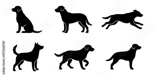 Labrador retriever dog silhouettes set, 6 black canine vector icons in various poses, sitting and running hunting dog profile graphics