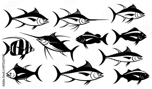Dynamic marine fish silhouettes in motion tuna swordfish reef fish vector set isolated on white background