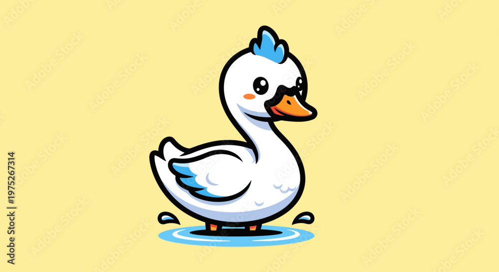 Fototapeta premium A cartoon white duck standing in water.