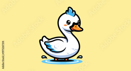 A cartoon white duck standing in water.