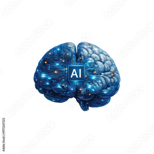 AI brain digital isolated on transparent background, high resolution, no shadow 