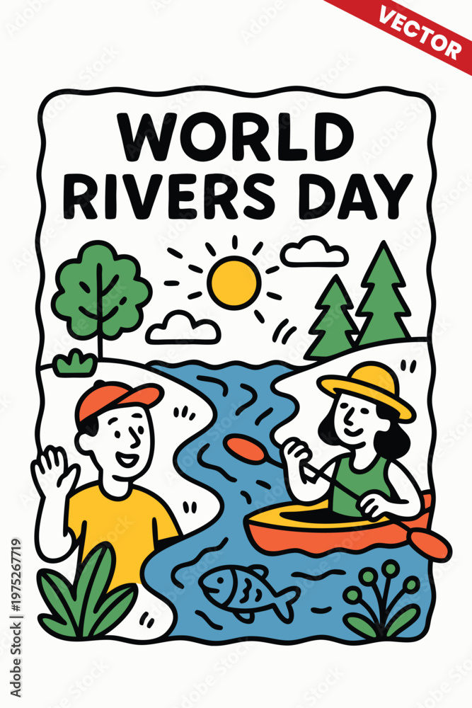 Naklejka premium Man and Woman Enjoying River Activity with Mountains and Sun Background for World Rivers Day in Clean Line Art Doodle Style Illustration
