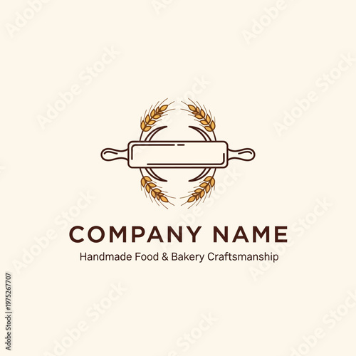 Minimalist Bakery Logo with Rolling Pin and Wheat Wreath Design.