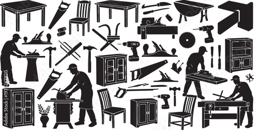 Silhouette of people working with furniture and tools illustration