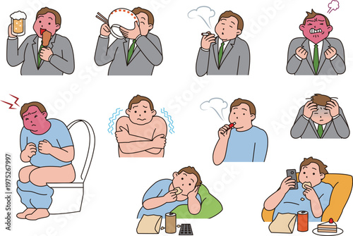 高血圧など生活習慣病の原因。生活習慣のイラスト。