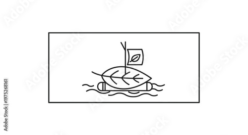 Eco-friendly raft made of leaf and logs sailing on water with flag