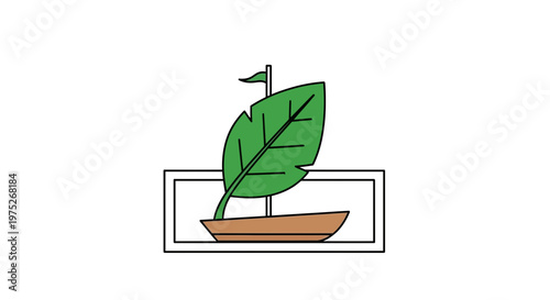 Eco-friendly sailboat with green leaf sail in a frame, symbolizing sustainability and nature.