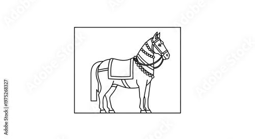Elegant Horse Line Art Illustration with Decorative Saddle and Bridle