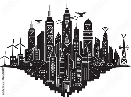 Futuristic cityscape with drones and wind turbines illustration