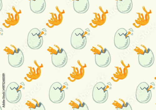 Whimsical Seamless Pattern of Cute Ginger Kittens Hatching from Blue Eggs
