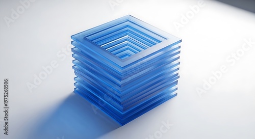 Stacked Blue Transparent Glass Squares Abstract Sculpture