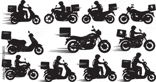 Motorcycle delivery riders in various poses and speeds silhouettes