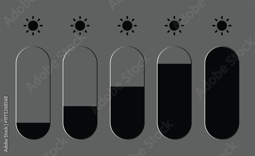 Brightness Level Control Illustration: A minimalistic graphic depicts a row of five vertical bars with variable fill levels, each topped with a sun icon, representing adjustable brightness controls.
