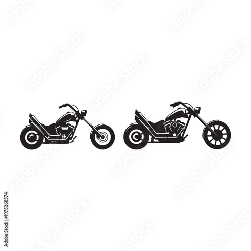 Silhouettes of two distinct black cruiser motorcycles on a white background