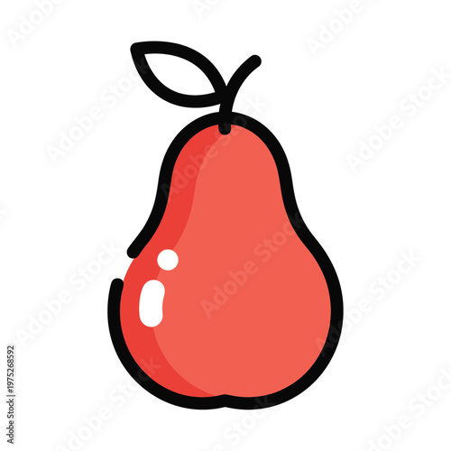 Simple red pear fruit icon with a black outline and small leaf