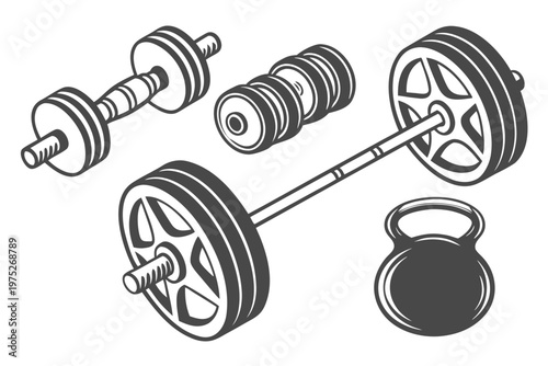 Gym equipment icons: dumbbells, barbell with weights, and kettlebell for strength training