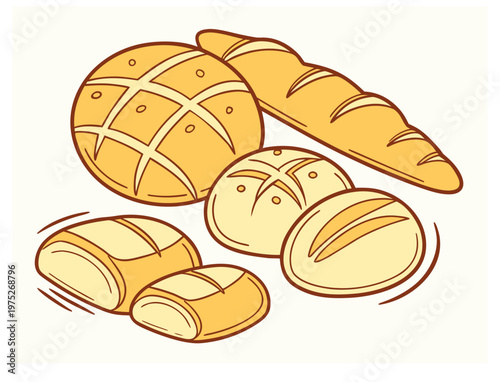 Various bread types including baguette and wheat loaf in warm golden yellow cartoon style