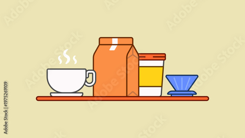 Coffee brewing setup with cup milk carton takeaway cup and dripper illustration vector hand drawn style