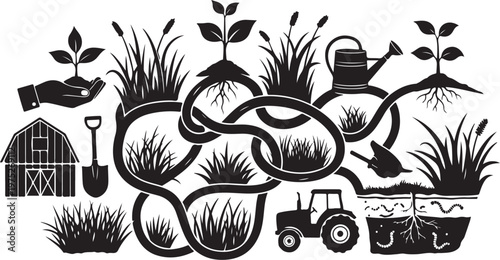 Gardening tools and plants in a black and white illustration
