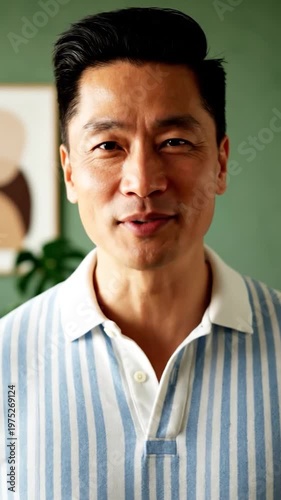 A friendly man wearing a striped polo shirt stands in a modern room with a green wall and a potted plant