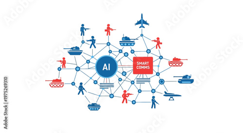 AI Military Concept and Smart Communications Network in Future Digital Warfare System Illustration.