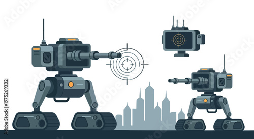 Futuristic Military Robot and Automated City Security System Vector Illustration with Mecha Tanks.