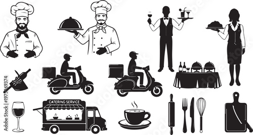 Food Service Industry Icons and Delivery Concepts Illustrated