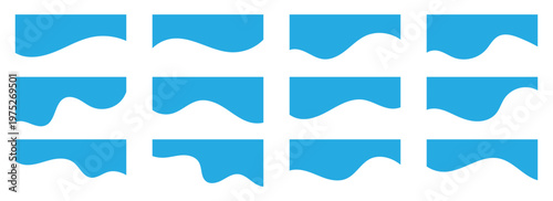 Blue wavy website section dividers icons set. Modern blue wavy shape dividers for website headers and footers. Vector illustration of abstract curved separators isolated on white background. Eps10