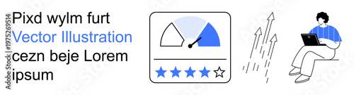 Productivity, efficiency, digital analytics, data evaluation, performance tracking, online surveys. Person working on laptop with a ratings dashboard and rising arrows. Productivity and efficiency