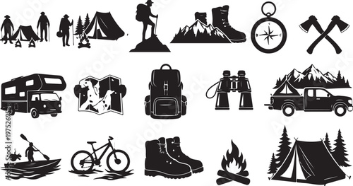 Camping and outdoor adventure icons and travel symbols set