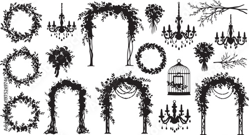 Black and white wedding decorations and accessories illustration set