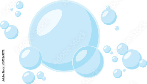 Set of light blue transparent soap bubbles floating in air isolated on white background vector illustration for cleaning designs.ep
