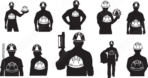 Silhouettes of construction workers in various poses and actions