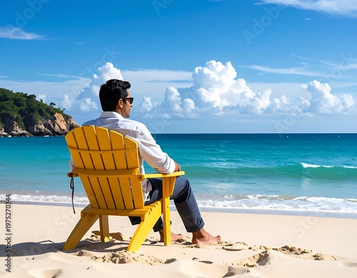 A man in a white shirt and sunglasses relaxes in a yellow chair on a sun-kissed beach, looking at the ocean