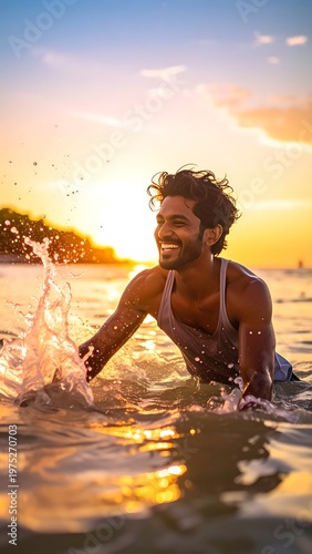 A man is playfully wading in the ocean at sunset, creating a splash. He's smiling and enjoying the warm hues of the sky