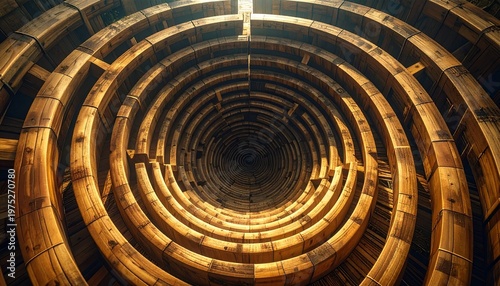 Intricate abstract spiraling wooden structure creating a deep, mysterious well-like descent, with concentric rings forming an endless labyrinthine pathway